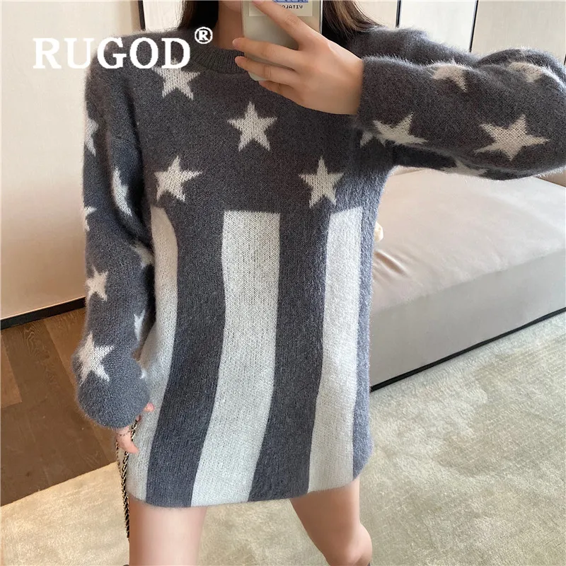 RUGOD Autumn Winter New Style Loose Star Pattern Fuzzy Sweater Dress Women Medium Long Mohair Pullover Fashion 2019 Kpop Clothes | Женская