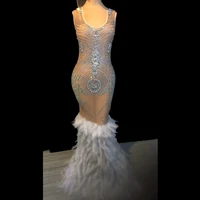 new fashion women gauze feather perspective dress women bodycon bule crystals sleeveless dress female sexy singer stage clothes