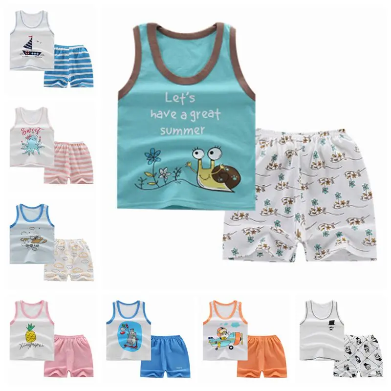 Fashion Toddler Wear 2Pcs Summer Baby Boys Cute Cartoon Sleeveless Sets Cotton Infant Girls Vest Clothing Set | Детская одежда и