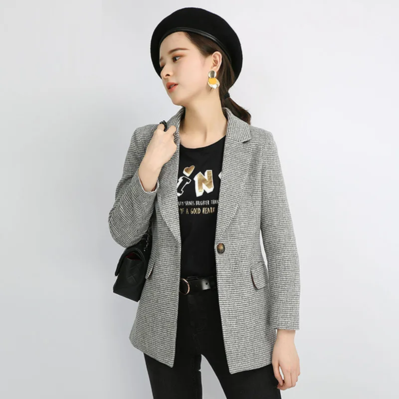 2019 приталенный Блейзер в клетку с одной пуговицей и длинными рукавами Женский