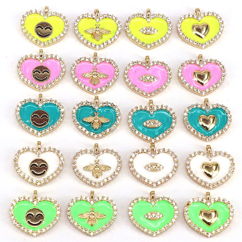 

10Pcs 2021 Fashion Designer Pendants & Charms Zircon Colorful Enamel Heart Smiley Eye Insect Charm Jewelry Necklace For Women
