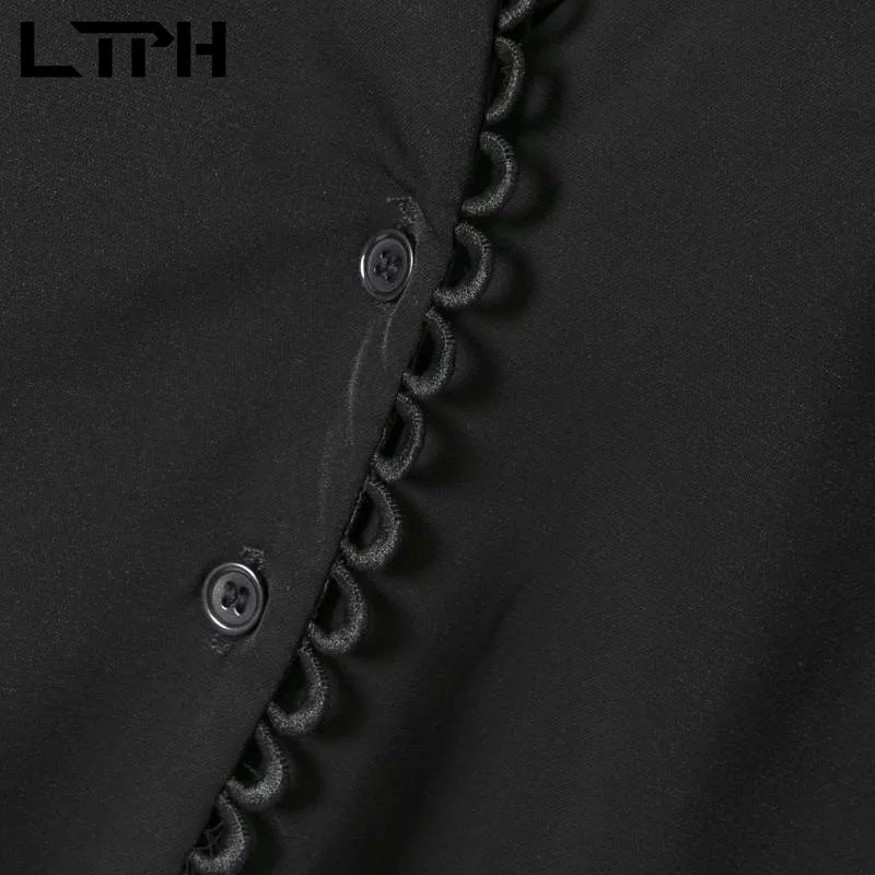 

LTPH Solid color V-neck Long Sleeve smock vintage blouses women shirts Splicing Single Breasted Casual Top 2021Spring Autumn New