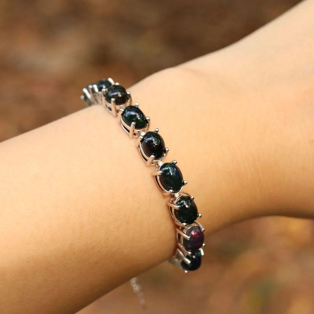 Женский браслет из натурального эфиопского черного опала овальное Ювелирное