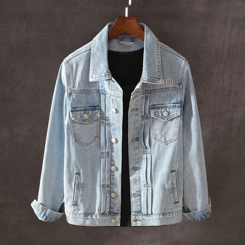 

Куртка мужская джинсовая с вышивкой тигра, модная уличная одежда, светло-голубая Дизайнерская верхняя одежда из денима в стиле панк, хип-хоп...