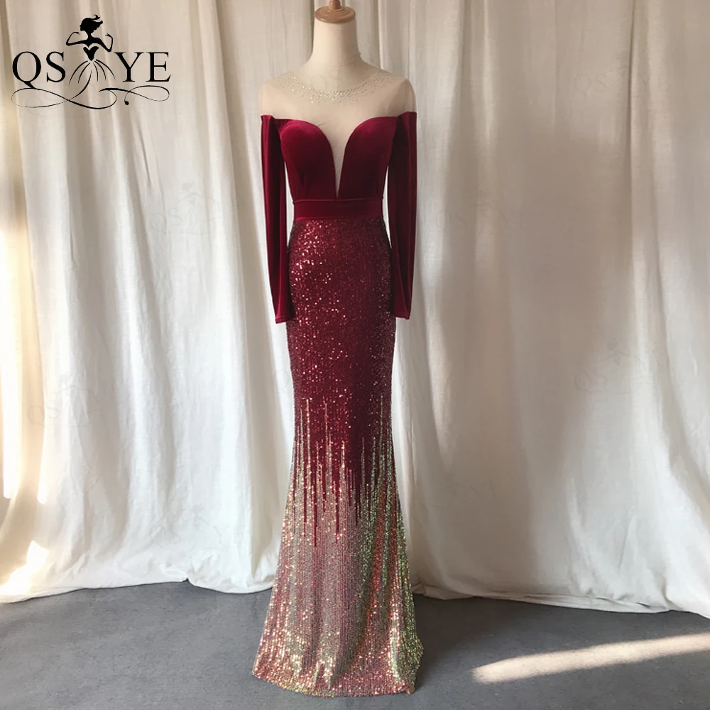 

QSYYE Burgundy Evening Dresses Long Sleeves Mermaid Gown Prom Velvet Elegant Party Dress Fading Sequin Formal Gown Fitted Body