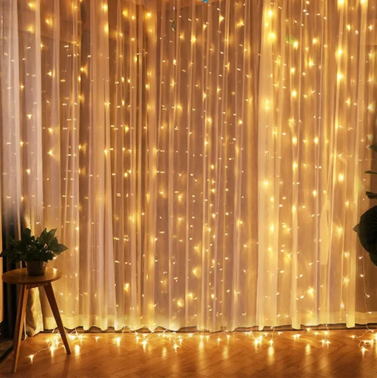 

EU Plug Curtain Light 3X3 Meters 300 Heads Icicle Waterfall Light Christmas Room Starry Decorative Light String