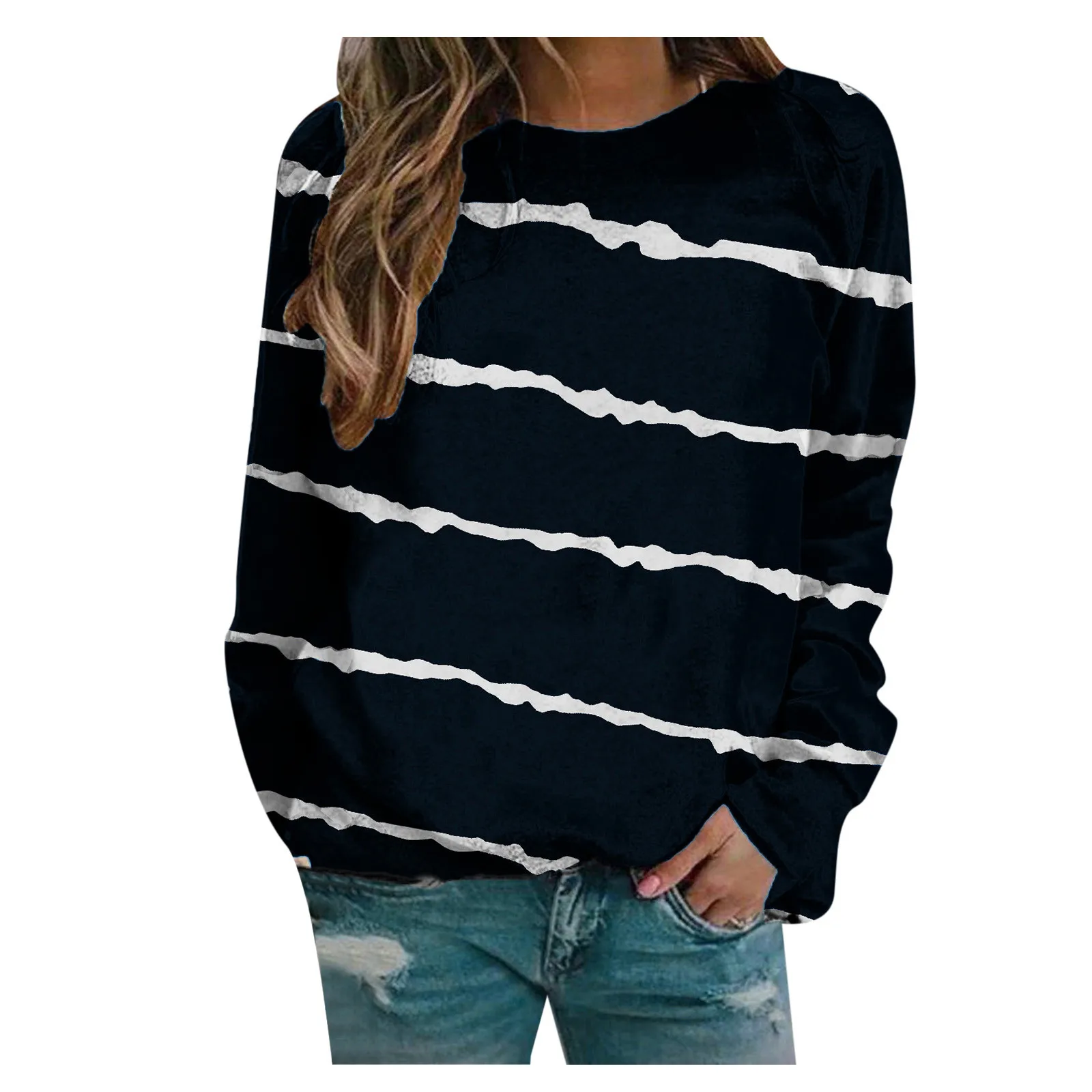 Simple Stripe Splicing Printed Sweatshirts For Women Fashion Unisex O-neck Long Sleeve Pullover Hoodies Mulheres Sweetshirts