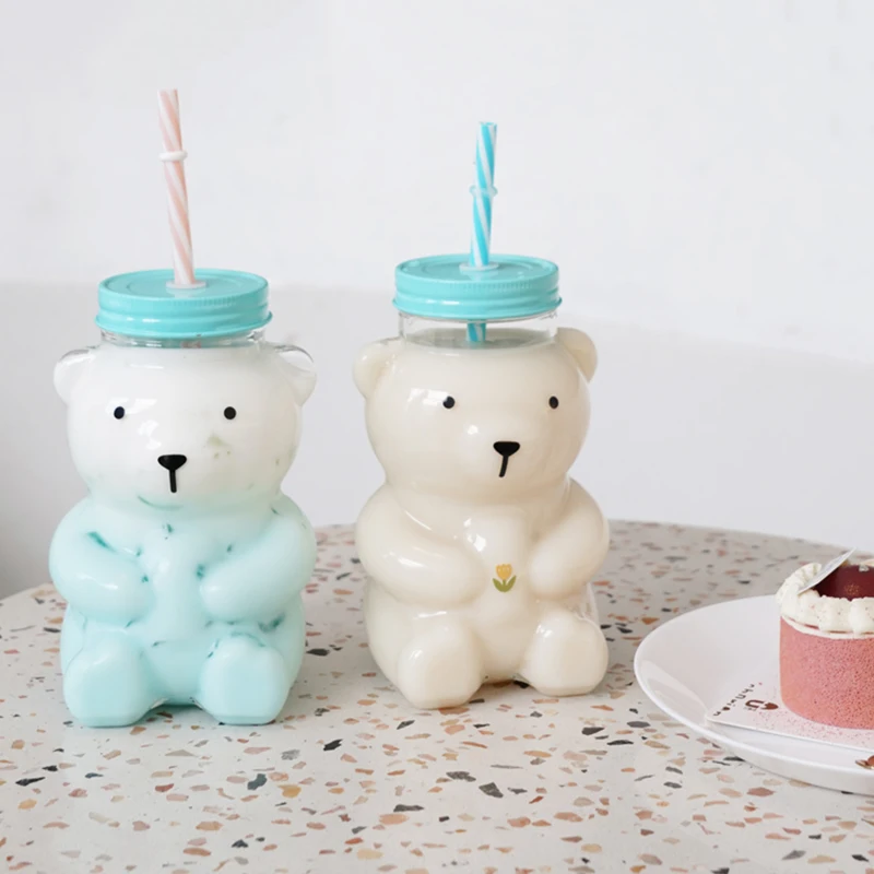550ml Cute Cartoon Bear Sippy Cup Creative Heat Resistant Glass Water Bottle With Straw Juice Milk Kids Clear Drinking Bottles | Дом и сад