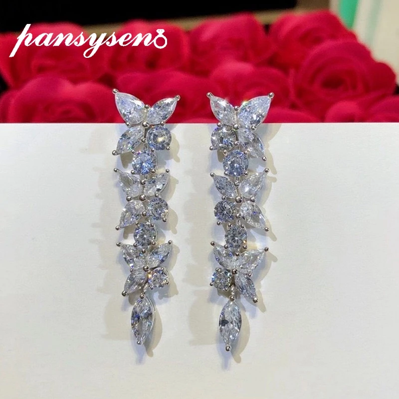 

PANSYSEN Solid Silver 925 Simulated Moissanite Diamond Gemstone Tassel Dangle Drop Earrings for Women Wedding Fine Jewelry Gifts