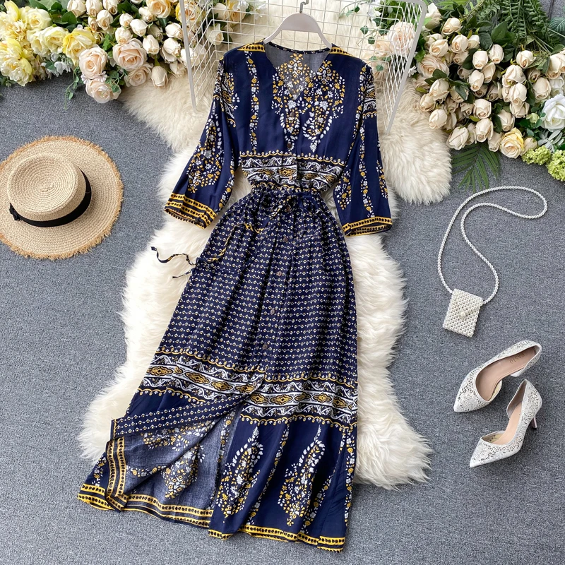 Женское летнее платье с V-образным вырезом и принтом в этническом стиле | Женская