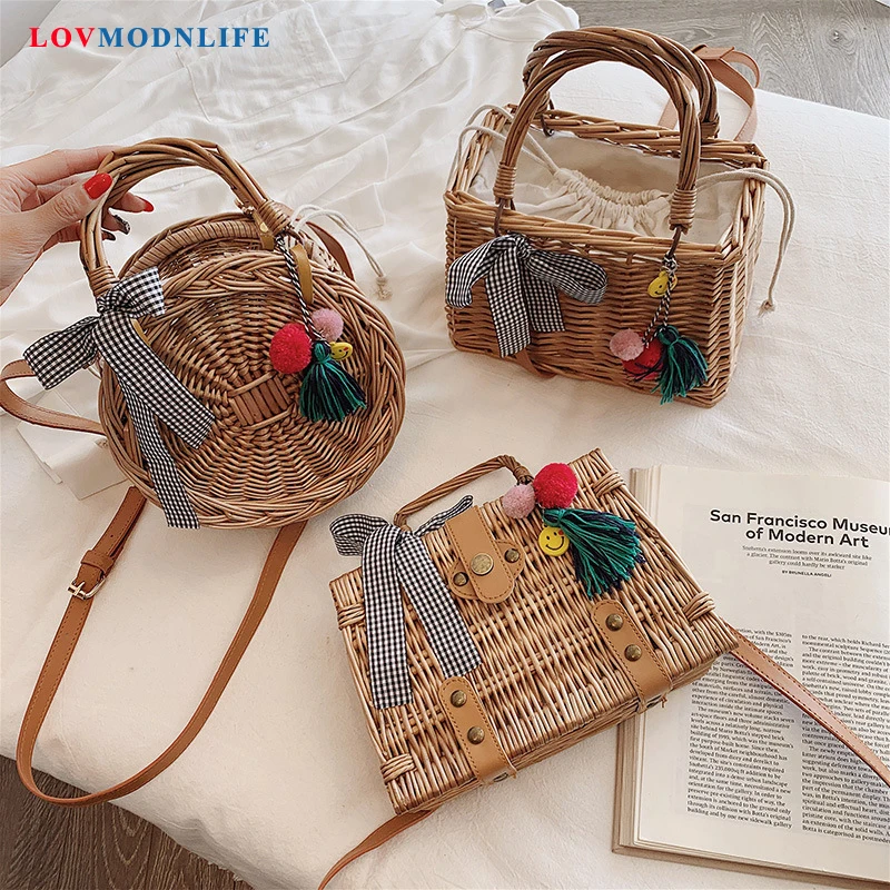 Соломенная Сумка для женщин квадратная круглая летняя плетеная пляжная сумочка