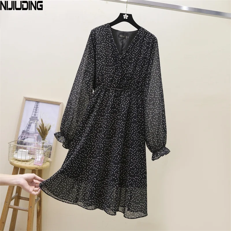 

Шифоновое платье NIJIUDING, с высокой талией, V-образным вырезом, приталенное, с принтом, средней длины, для женщин, небольшие, дикие, размера плюс,...