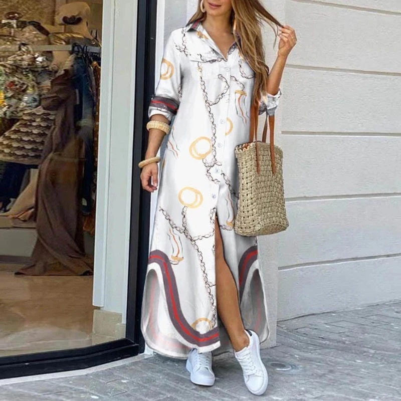 

Women Fashion Print Shirt Dress Casual Ladies Long Sleeve Dresses Turn Down Collar Loose vestido de mujer Autumn Party Sundress