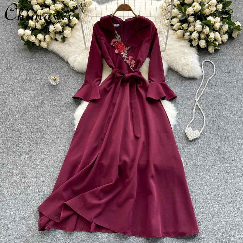 Autumn Elegant High Waist Long Dress V Neck Embroidery Bell Sleeve Dress Female Long Sleeve A Line Evening Long Dress