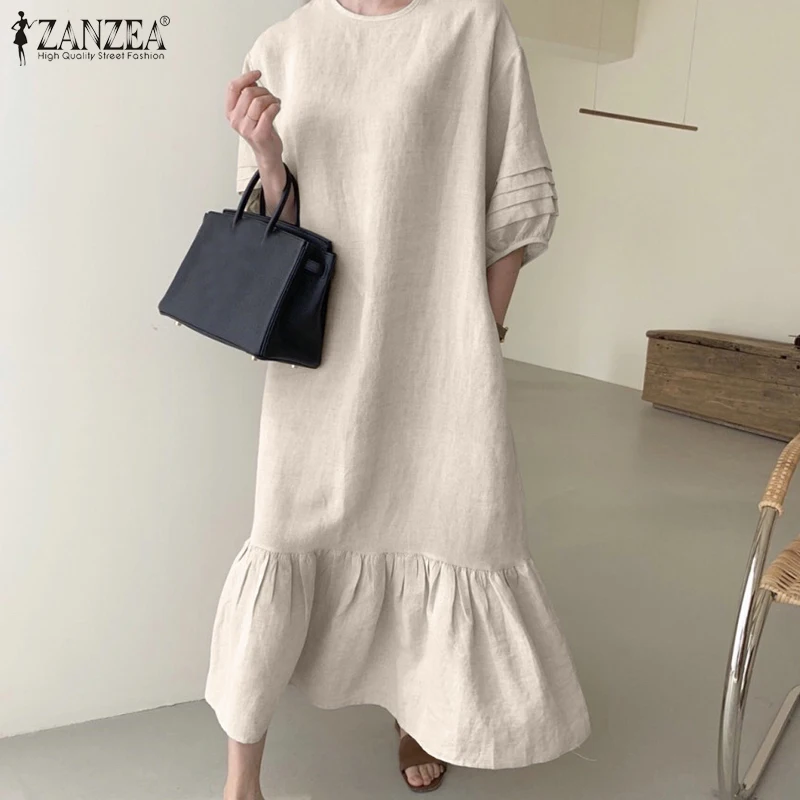 

ZANZEA Casual Autumn O Neck Half Puff Sleeve Sundress Women Stylish Midi Dresses Femme Vestido Solid Pleated Ruffle Kaftan Robe
