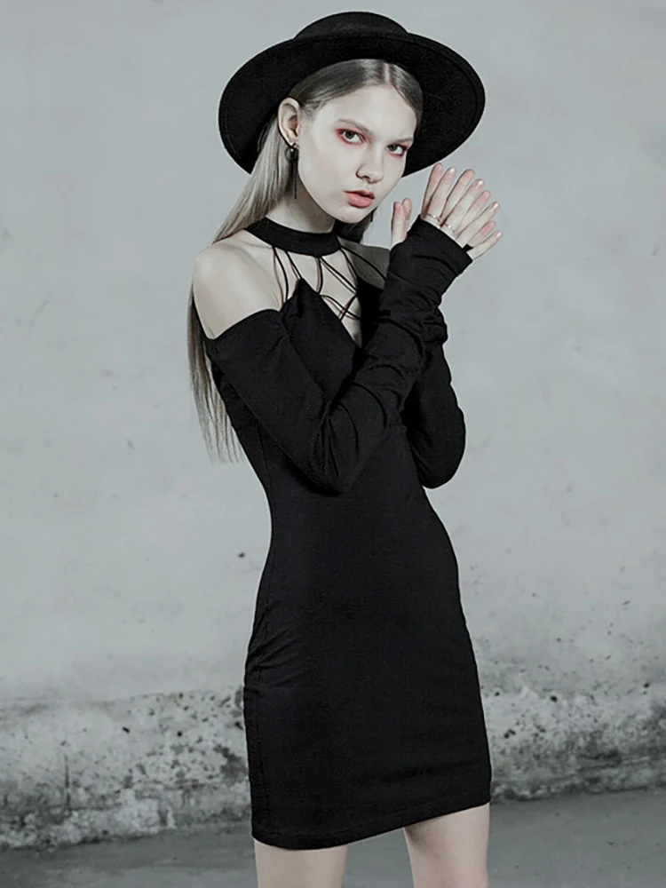 Черное мини платье на бретельках в стиле панк для девушек Клубная одежда