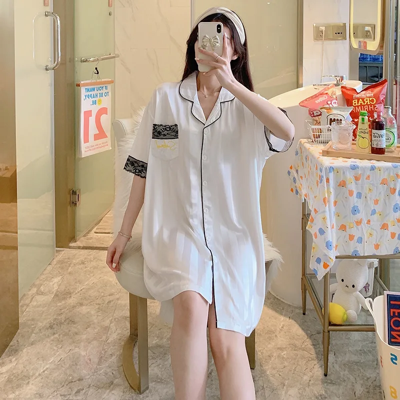 Fashion Shirt Nightdress Women's Summer Cardigan Casual Lace Nightgown Character Dress Short Sleeve Fairy Style Female Sleepwear