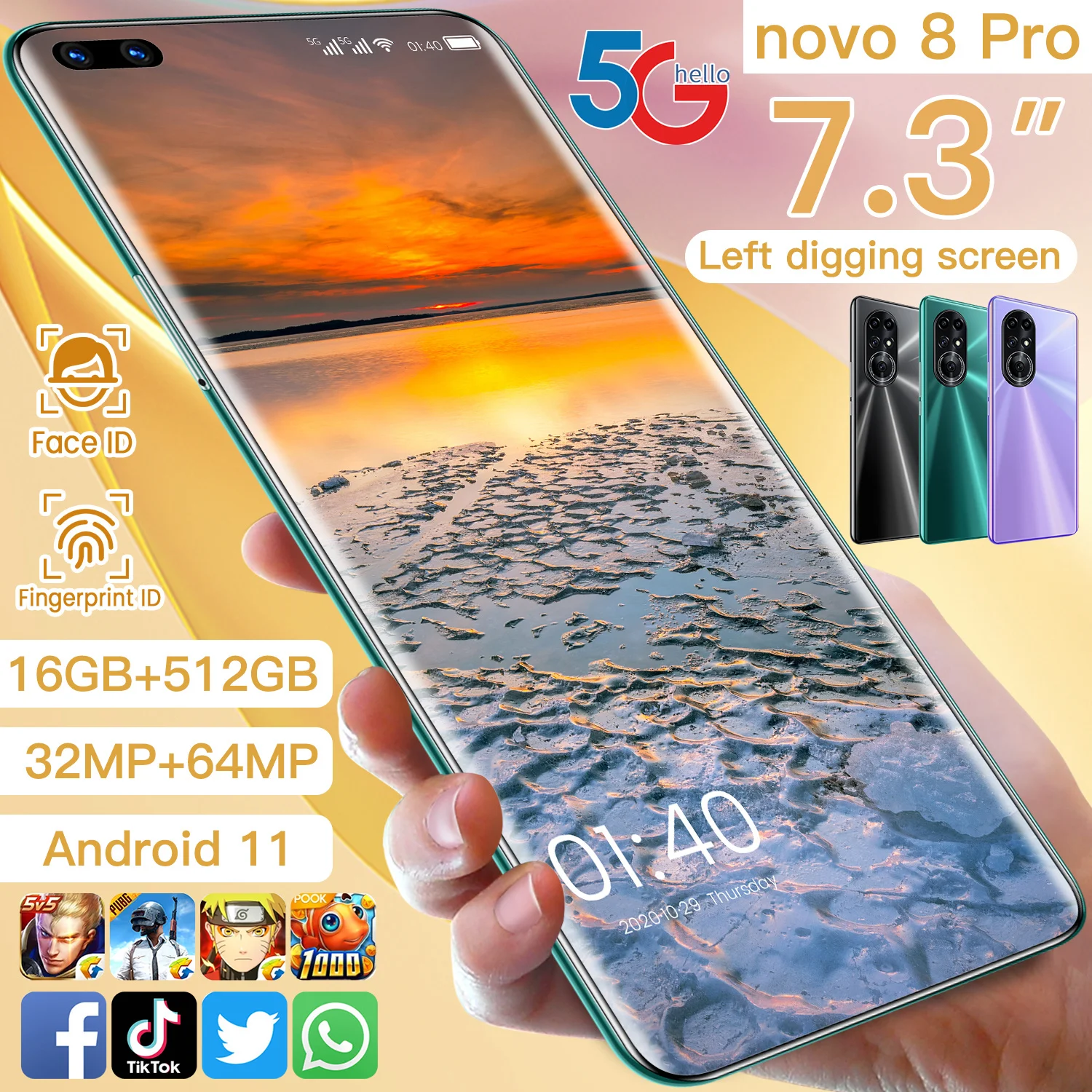 

HUAWE Nowa 8 Pro 5G Smartphone Global Version MTK6889+ Deca Core 64 MP Camera 16G 512G 7.3 Inch HD Screen 6800mAh Mobile Phone