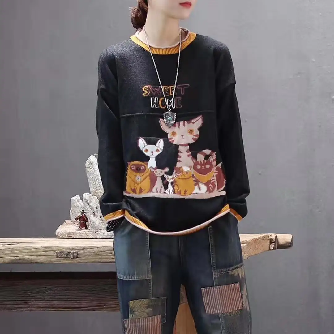 Женский вязаный свитер с круглым вырезом и длинными рукавами в стиле ретро