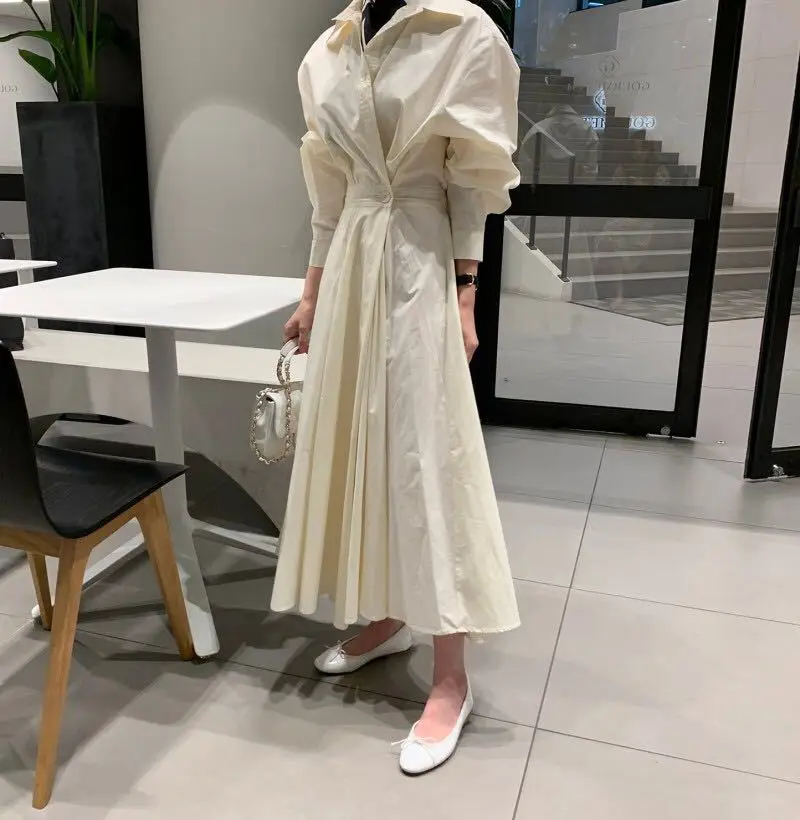 

Korean Dresses 2021 Autumn Spring New Fashion Turn-down Collar Long Sleeve Solid Color Loose Vintage Women Dress Tide
