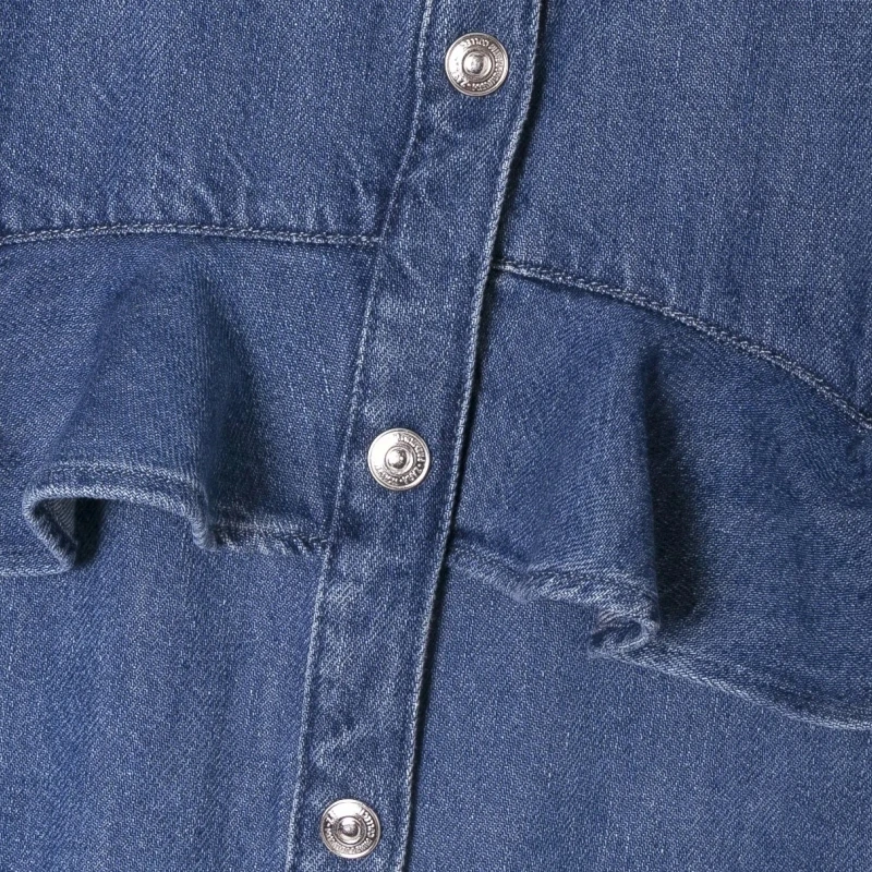 

Denim Shirt Women Casual Ruffle Decoration Blouse Ladies Stand Collar Long Sleeve Blouse Casual Lady Loose Tops Blouses Femme