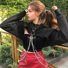 Худи женское в стиле K-POP, свитшот с цепочкой в стиле панк, готический короткий топ с открытой грудью и металлической цепочкой в стиле хип-хоп, Харадзюку