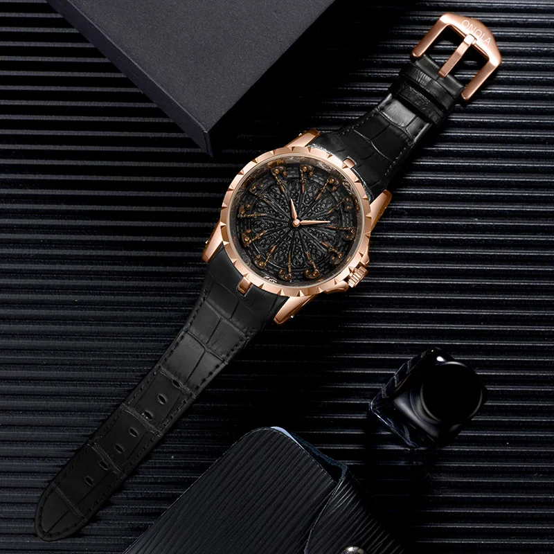 

Onola Brand Unique Quartz Watch Men's Luxury High-End Rose Gold Leather Cool Men's Watch Fashion Casual Waterproof Relogio