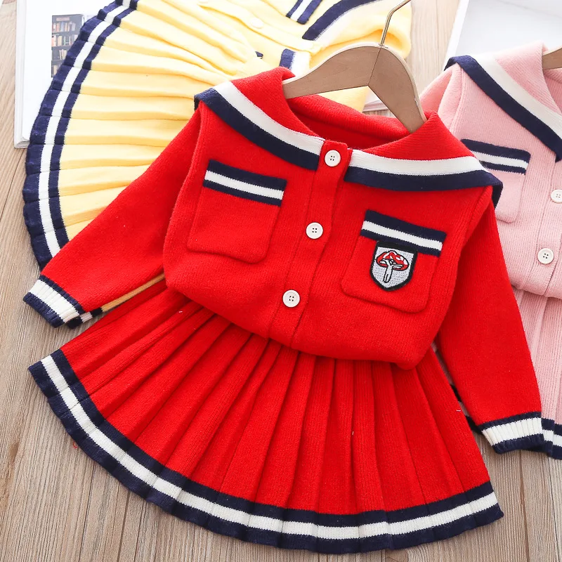 

Baby Girls Sweater Set Autumn Winter Kids Cartoon Mushroom Navy Collar Top With Pleated Skirt 1-5 Years Children 2 Piece Outfits