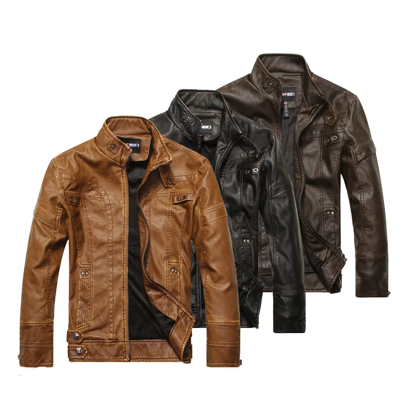 

Мужская кожаная куртка из искусственной кожи, утепленная мотоциклетная куртка с воротником-стойкой и плюшевой подкладкой, Осень-зима
