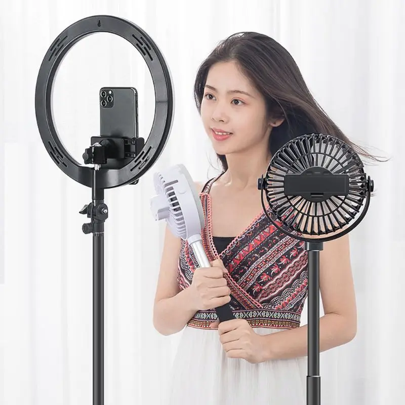 

360 Degree Rotation Telescopic Floor Standing Fan 2000mAh Rechargeable Battery 3 Speeds USB Fan for Live Video Camping Home Cool
