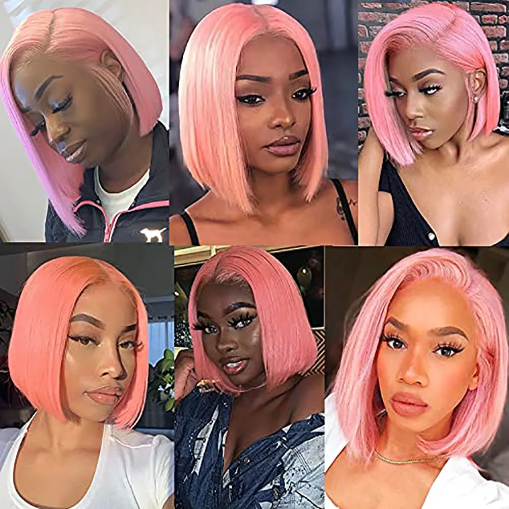 Pink Bob Wig Glueless 180% Density 13x1x4 Middle Part Lace Front Human Hair Wig Brazilian Virgin Remy Pre Plucked Bob Hair Wig