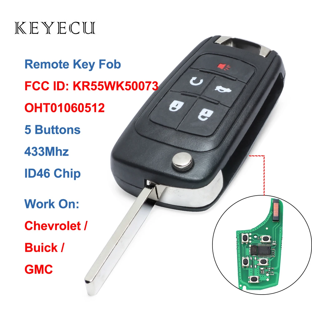 Keyecu 5 pulsanti Flip Remote Car Key Fob 433Mhz ID46 Chip per Chevrolet Malibu Impala Cruze ID FCC: KR55WK50073, OHT01060512