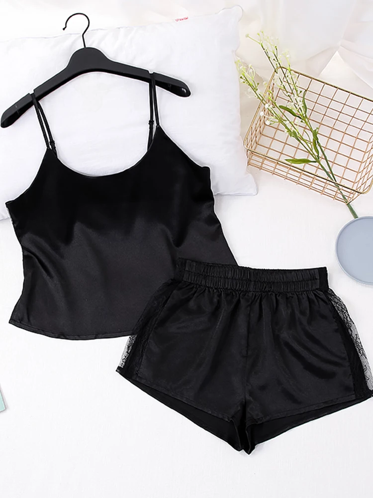 

Пикантные костюмы с шортами, топы для сна на бретелях-спагетти, Женская кружевная пижама в стиле пэчворк, Женский атласный домашний костюм б...