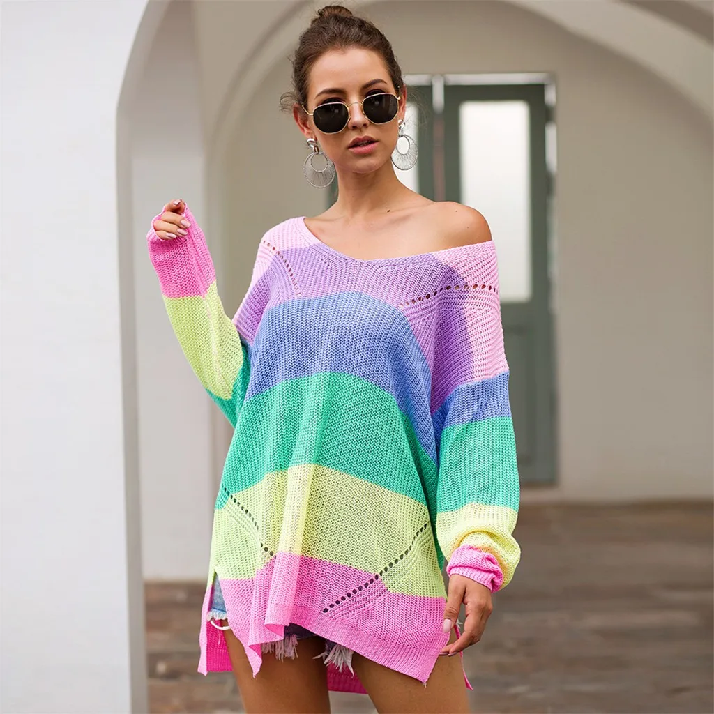

Pull Femme Hiver Dames New Plus Size Womens Patchwork Long Sleeve Rainbow Stripe Blouse Knit Shirts Top#15