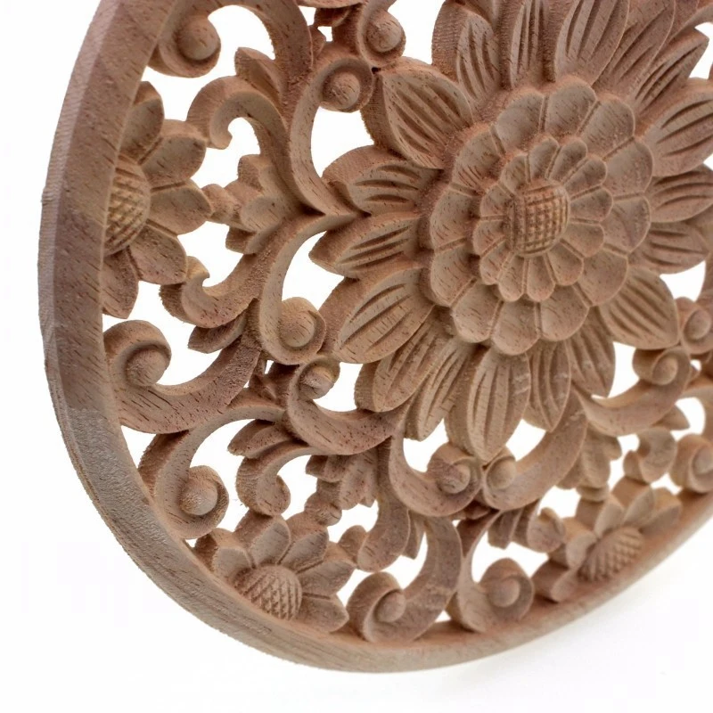 

Carved Flower Carving Round Wood Appliques For Furniture Cabinet Unpainted Wooden Mouldings Decal Decorative Figurine15x15x2Cm