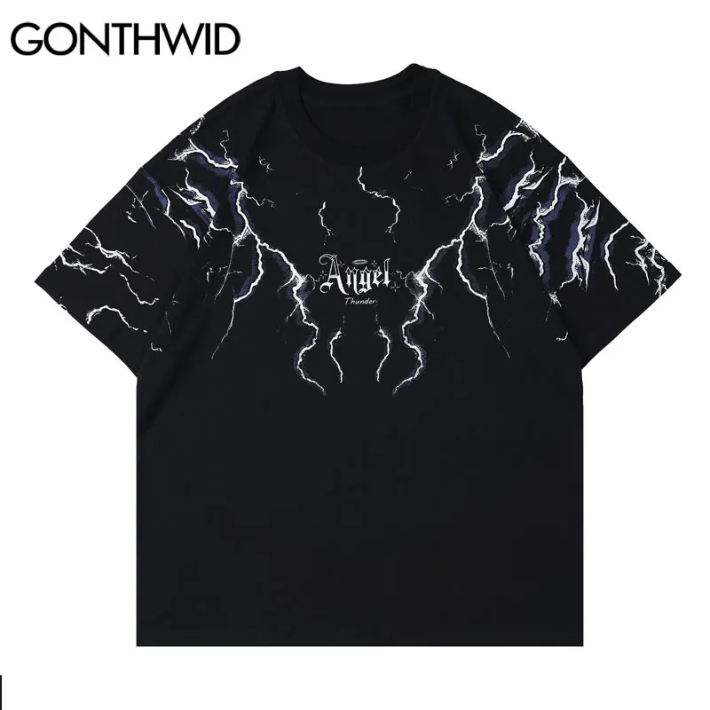 

GONTHWID Oversized Tees Shirts Harajuku Lightning Angel Print Tshirts Streetwear Hipster Hip Hop Casual Cotton Short Sleeve Tops