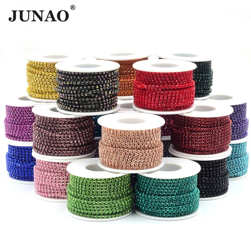 

JUNAO 10 yard Colorful Rhinestones Chain SS6 SS8 SS12 SS16 Glass Crystal Strass Sew on Cup Chain Glitter Trimming Decoration