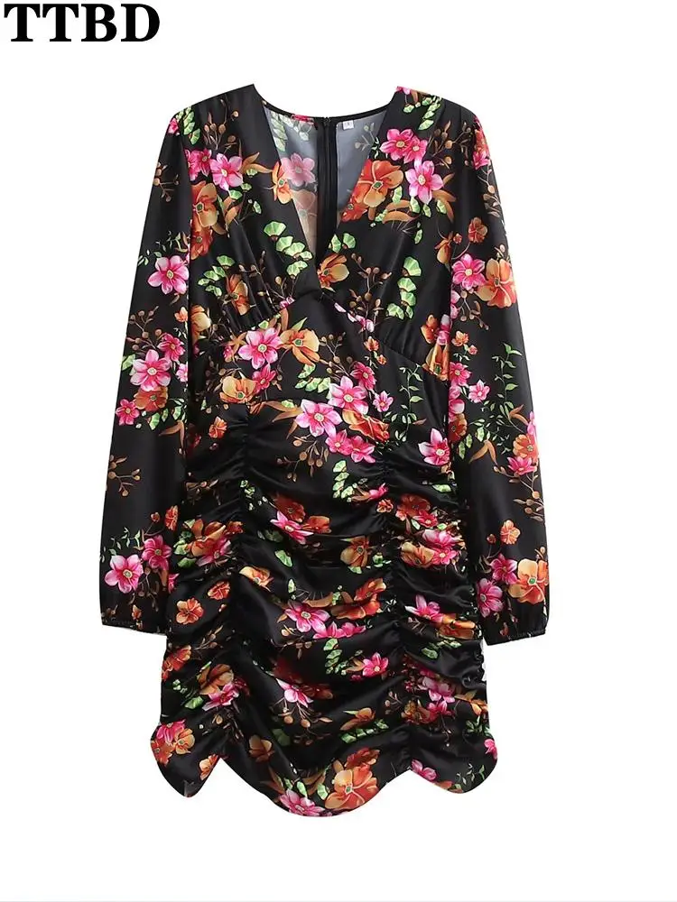 

TTBD Women 2022 fashion floral print pleated fishtail mini dress vintage long sleeve back zipper female dresses vestidos mujer