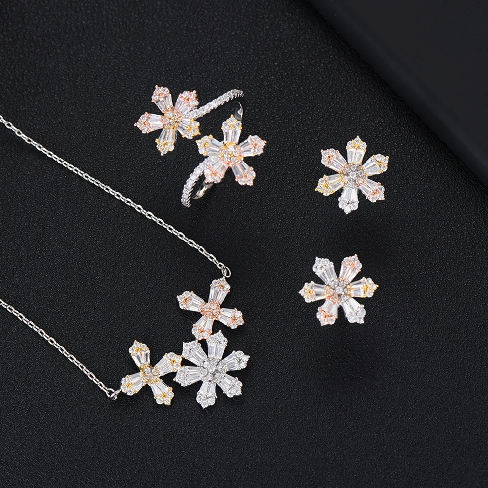 

GODKI Cute Elegant Charm Flower 3pcs Brand Statement Jewelry sets For Women Bridal Wedding Engagement Cubic Zirconia CZ Jewelry