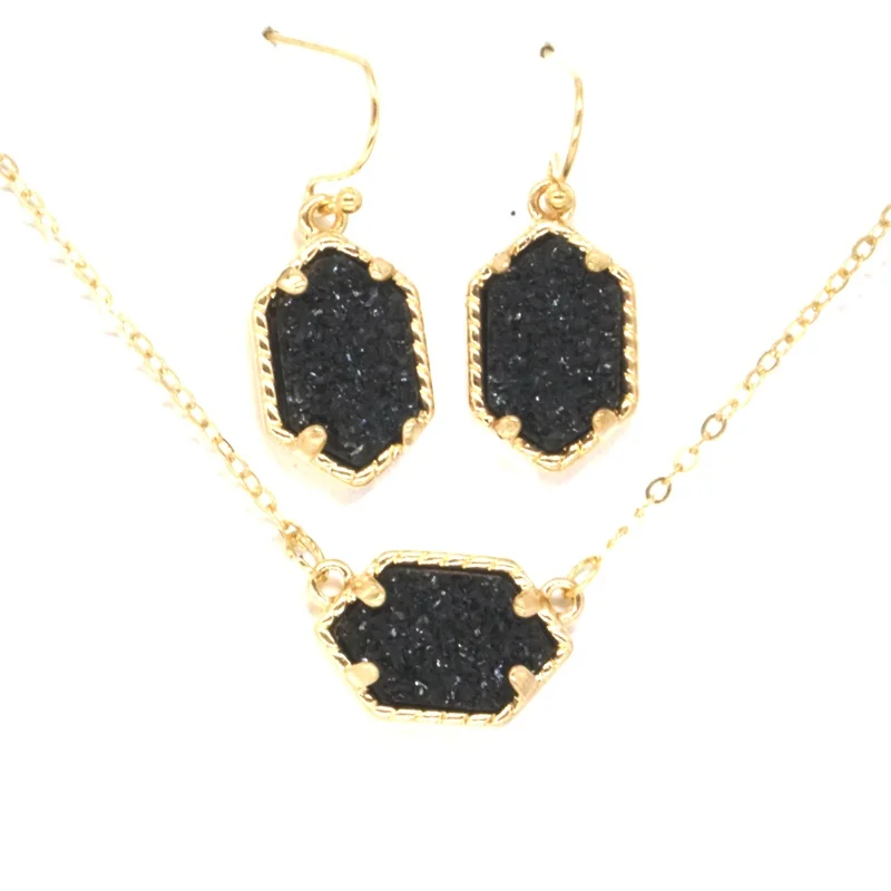 Druzy Drusy ожерелье серьги ювелирный набор с камнем из смолы золотые шестигранные