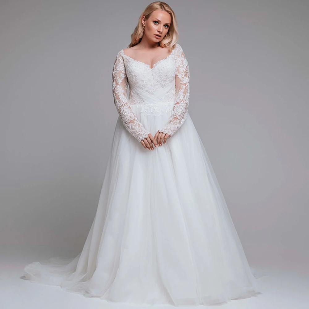 

Plus Size A-Line Wedding Dress Sexy V-Neck Long Sleeve Button Appliques Lace Court Train Bridal Gowns 2021 Vestidos De Noivas