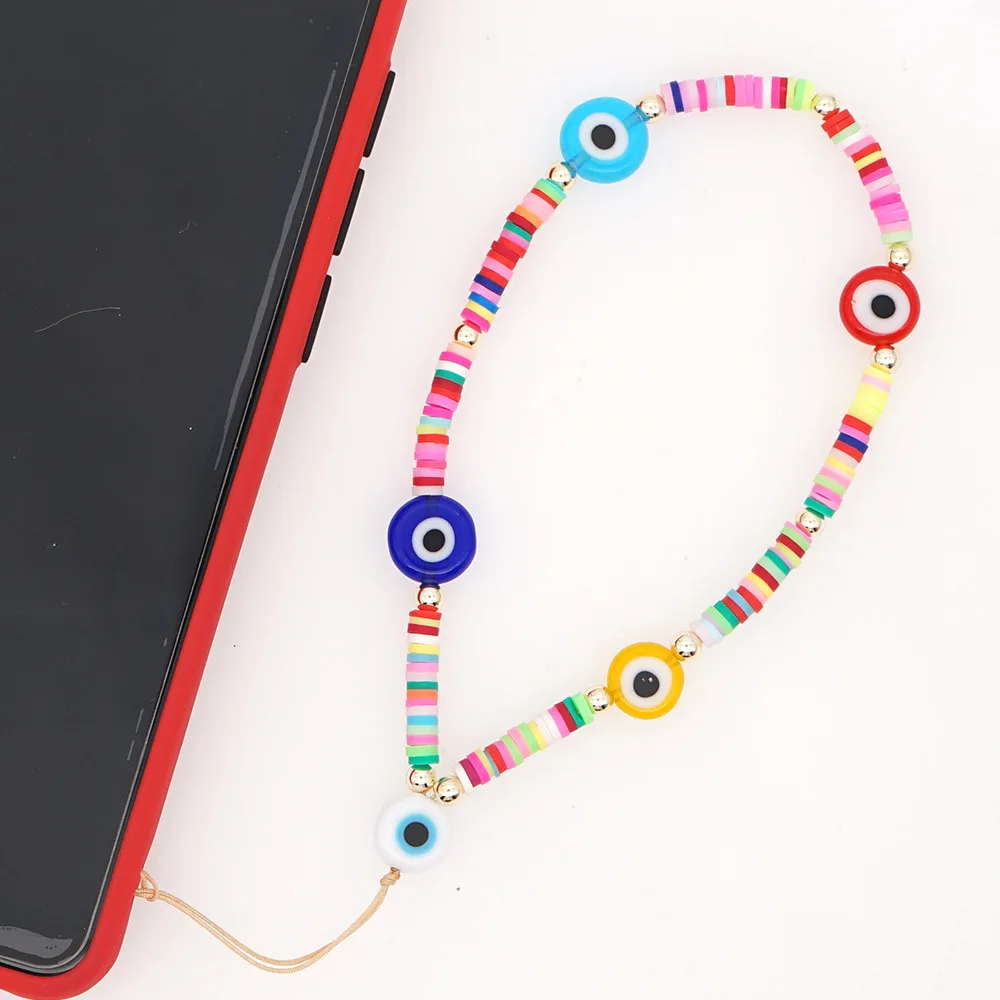 

2021 Handmade multi-colored eyes beads anti-drop mobile phone chain simple color soft ceramic mobile phone Key Chain
