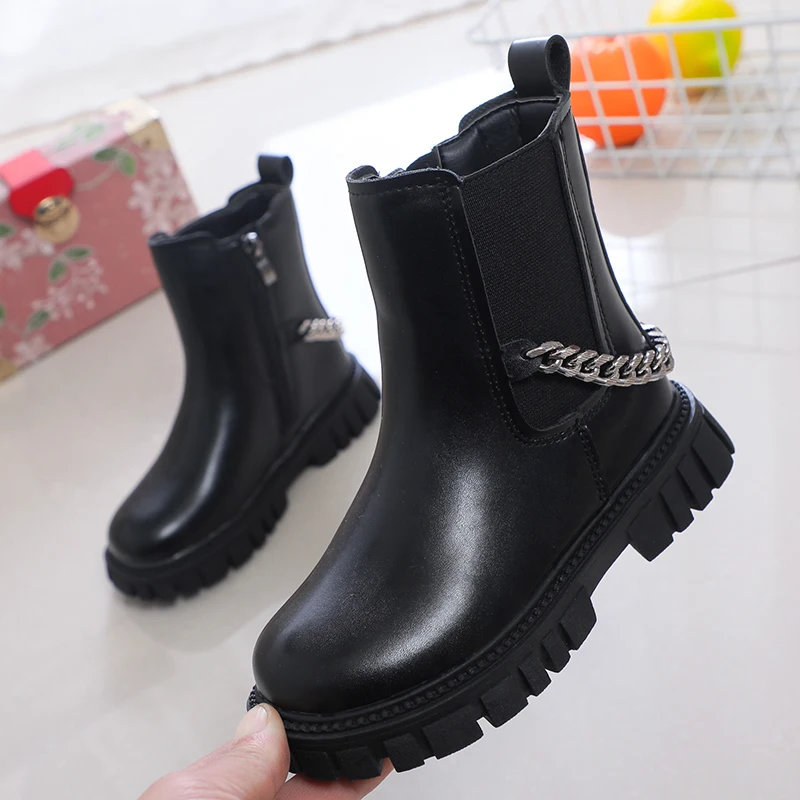

TX02 New Winter Fashion Children Martin Boots for Boys Girls Black Leather with Metal Chains Classic Plush Kids Chelsea Boots