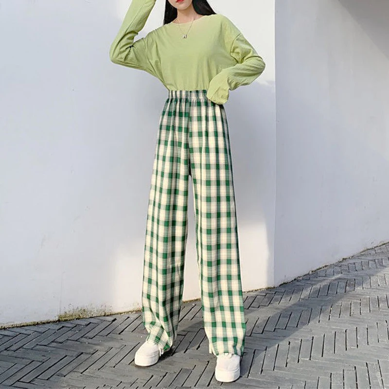 

Autumn Women's Plaid Print Straight Wide Leg Pants Casual High Waist Relaxed Fit Long Pants
