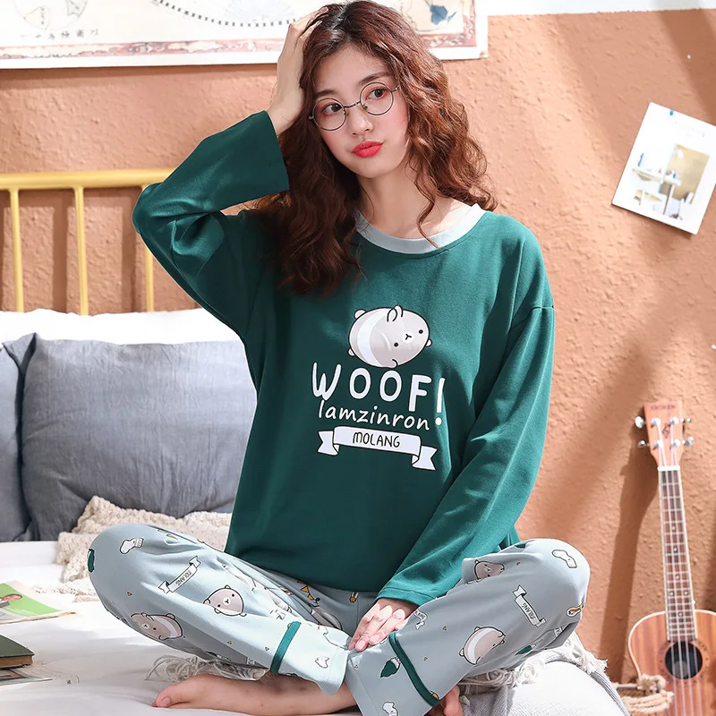 Style 2015 Пижамный комплект, Женский хлопковый весенне-осенний костюм из двух предметов с длинными рукавами, большие размеры, зимние студенческие милые брюки и топ, одежда для сна - Цвет: Style 2015
