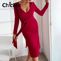 chicme women surplice neck split hem long sleeve belted midi dress v neck red bodycon party dresses for women elegant vestidos