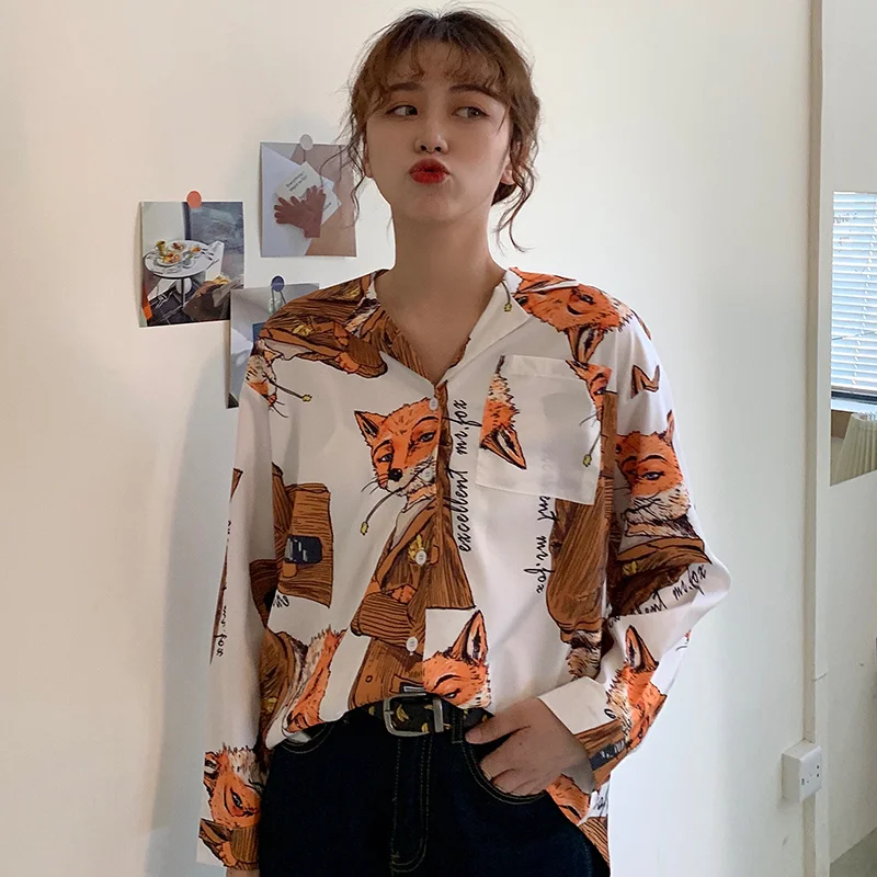Модные рубашки с принтом лисы из мультфильма женские блузки harajuku уличная рубашка