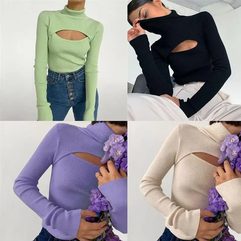 

Casual Autumn Women Hollow Out Casual Sweater Long Sleeve Knitted Turtleneck Top Solid Color Open-Chested Knit Top Pullover