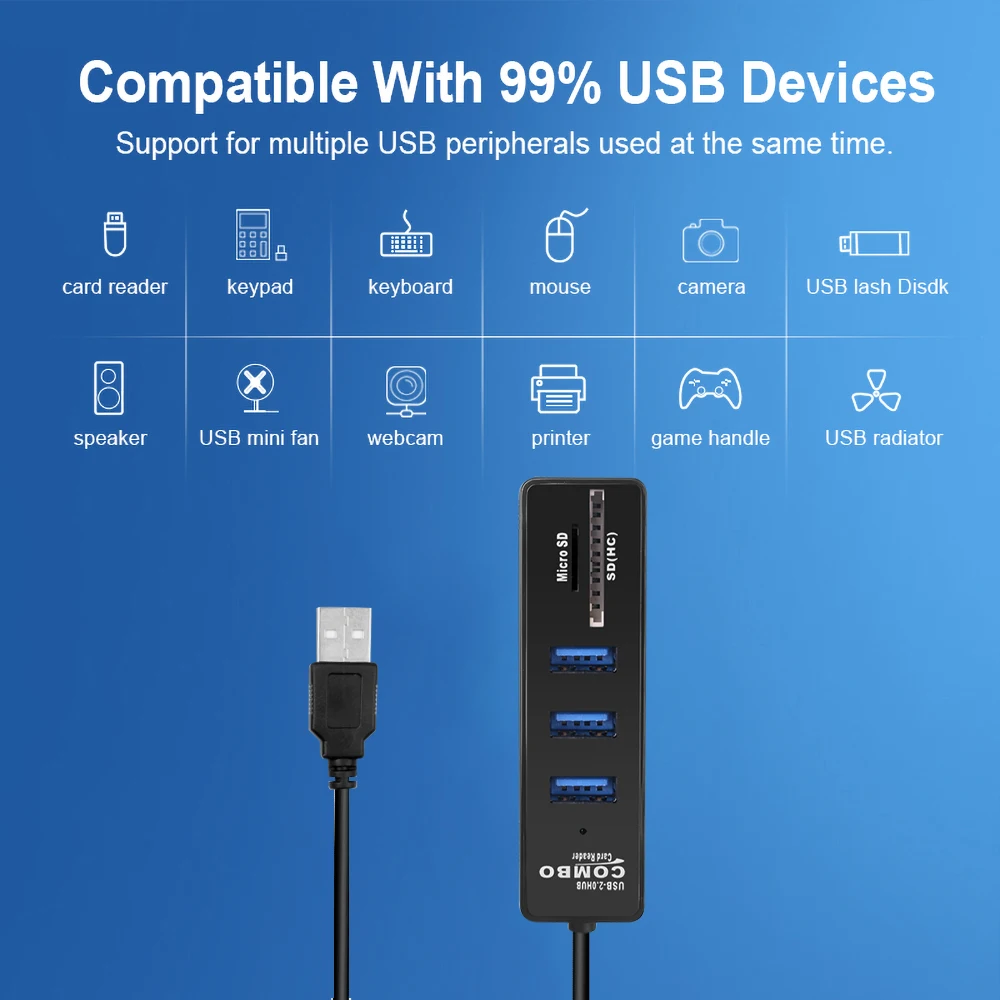 Kebidu новейший USB комбинированный концентратор 2 0 3 порта разветвитель + Кардридер