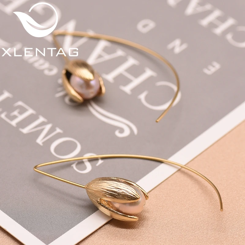 Серьги-подвески XlentAg с натуральным пресноводным жемчугом и цветком тюльпана 925
